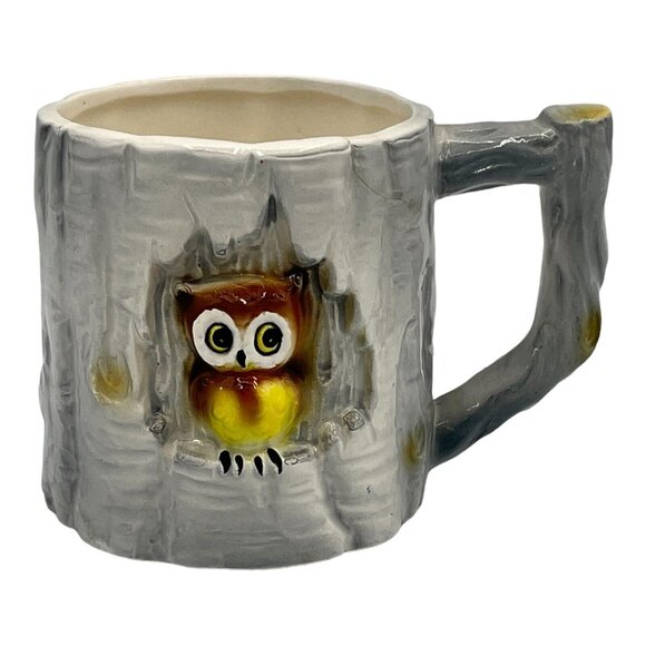 Vintage 3D Small Mug Worried Looking Owl in Gray Tree with Branch Handle READ - Picture 2 of 6
